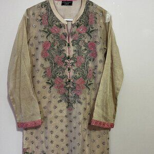 3 Piece Formal Cotton Net Beige & Pink Suit - Pakistani/Indian